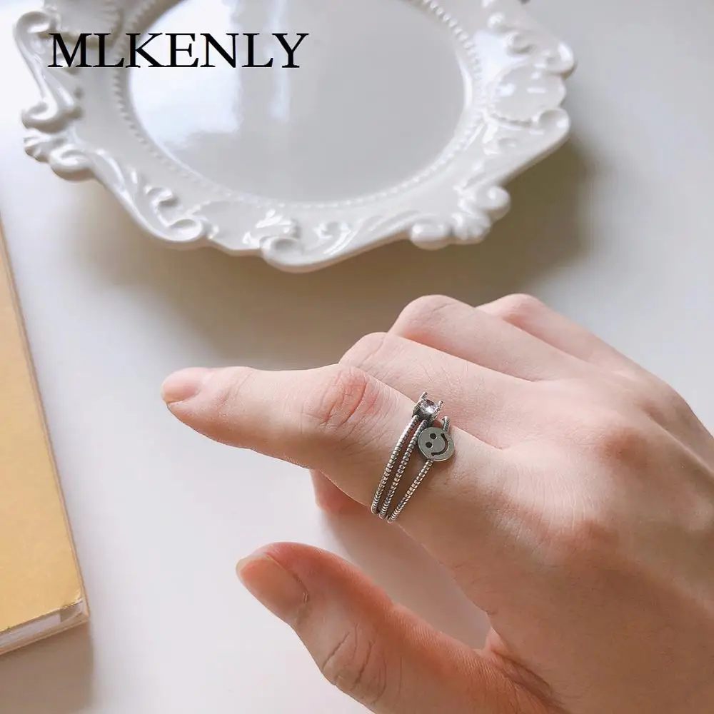 

MLKENLY Fashion Jewelry 925 Sterling Silver Open Ring Net red double zircon smiley Japanese and Korean index finger ring