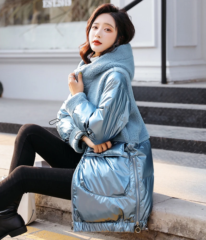 Imported Australian Wool Fur Jackets Women Bright face down cotton Outwear Female Elegant Patchwork Parkas Ladies Winter Coat