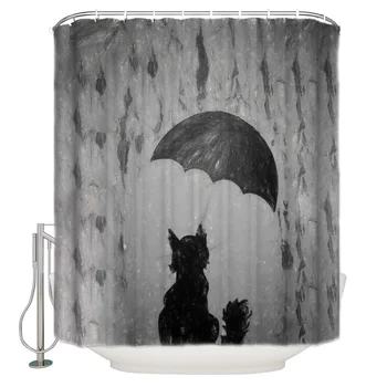 

Cat Under Umbrella On Rainy Day Shower Curtain Waterproof Curtains Polyester Bath Curtain