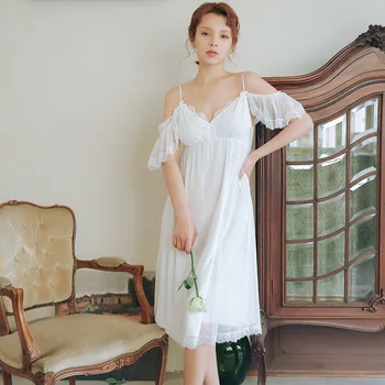 

Sexy mousse nightdress woman Off-the-shoulder sling short-sleeved two-wear cotton lace cute sweet princess palace style sloth