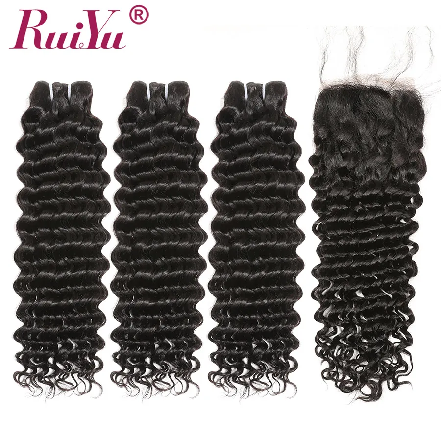 

Brazilian Deep Wave Bundles With Closure 100% Human Hair 3 Bundles With Lace Closure Remy Hair Weave Double Weft RUIYU Hair