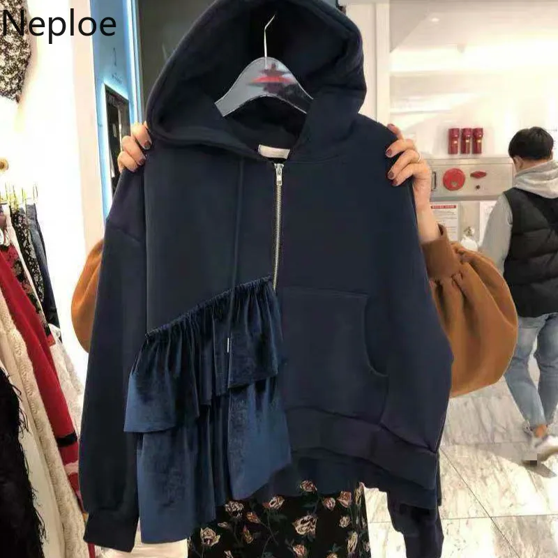 Neploe корейский Повседневный лоскутный вельветовый худи с оборками женский однотонный с капюшоном толстый длинный рукав толстовка мягкий на молнии Топ осень