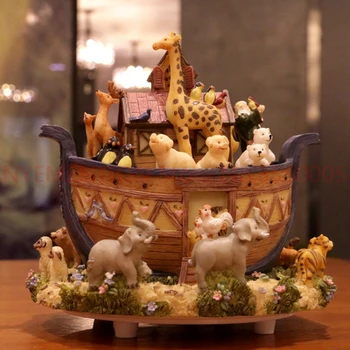 

automatic swivel Noah's Ark animal world resin music box 5pcs