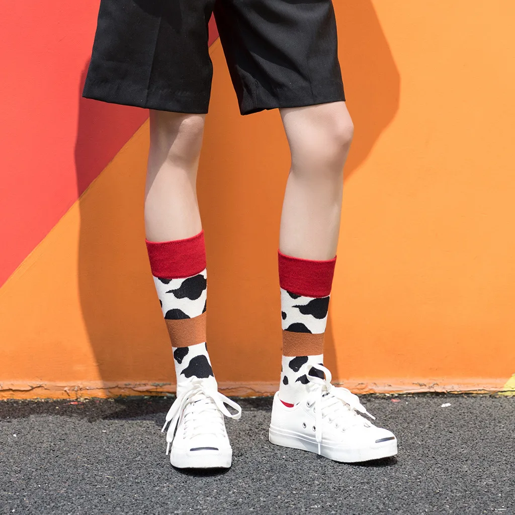Women's Trend Cow Printing Bright Color Socks In The Tube Casual Cotton Socks Female Socks Funny Socks