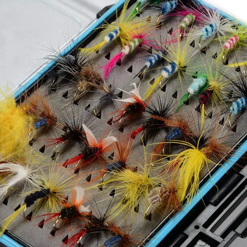 64 шт. засушенные мухи бас лосось форель мух нимфа и Стример Летать Рыболовные наживки комплект водонепроницаемая коробка для мух для форель рыболовные крючки мухи