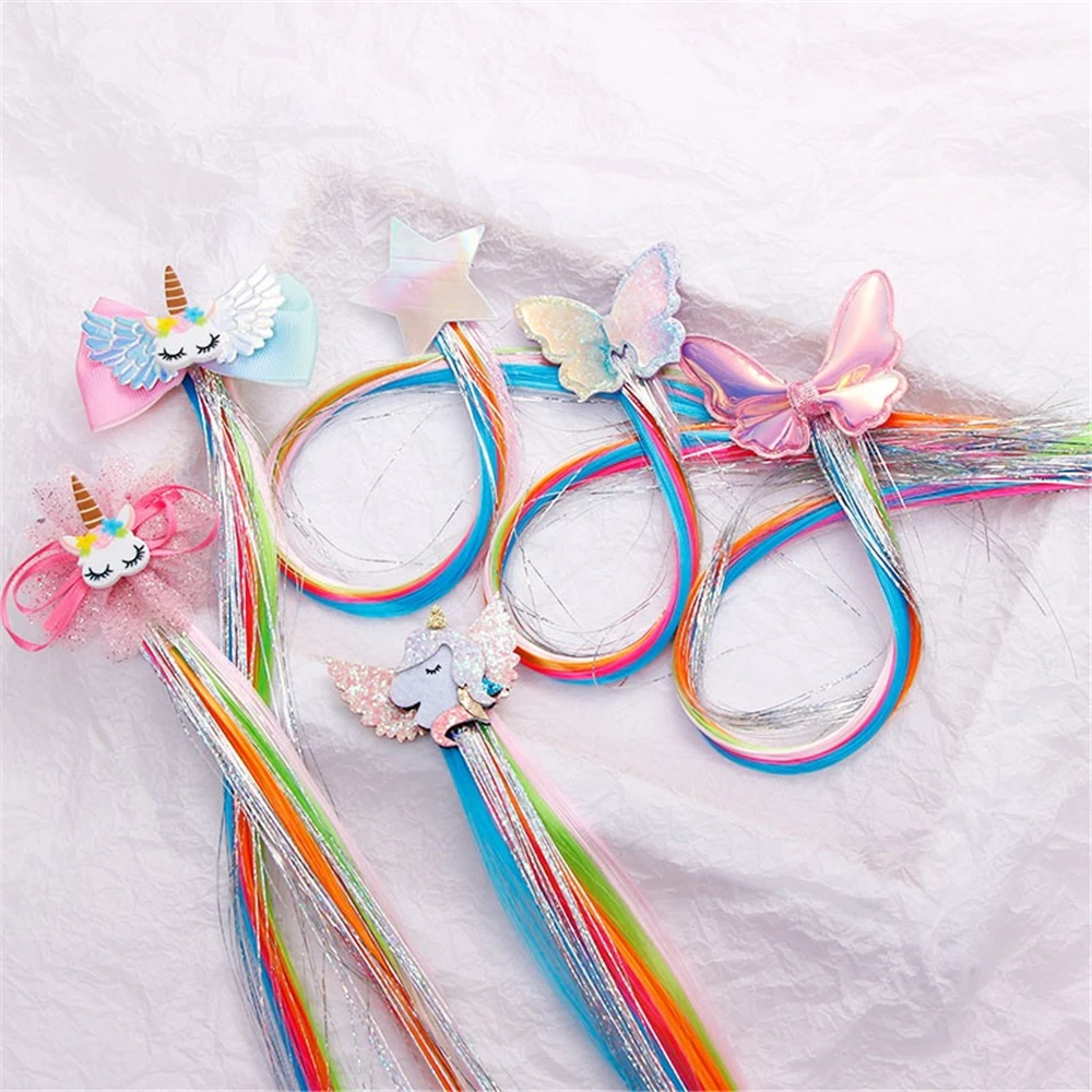 Colorful Bowtie Hair Clips for Girls Rainbow Glitter Wings Hair Bows Unicorn Princess Kids Long Wig 3
