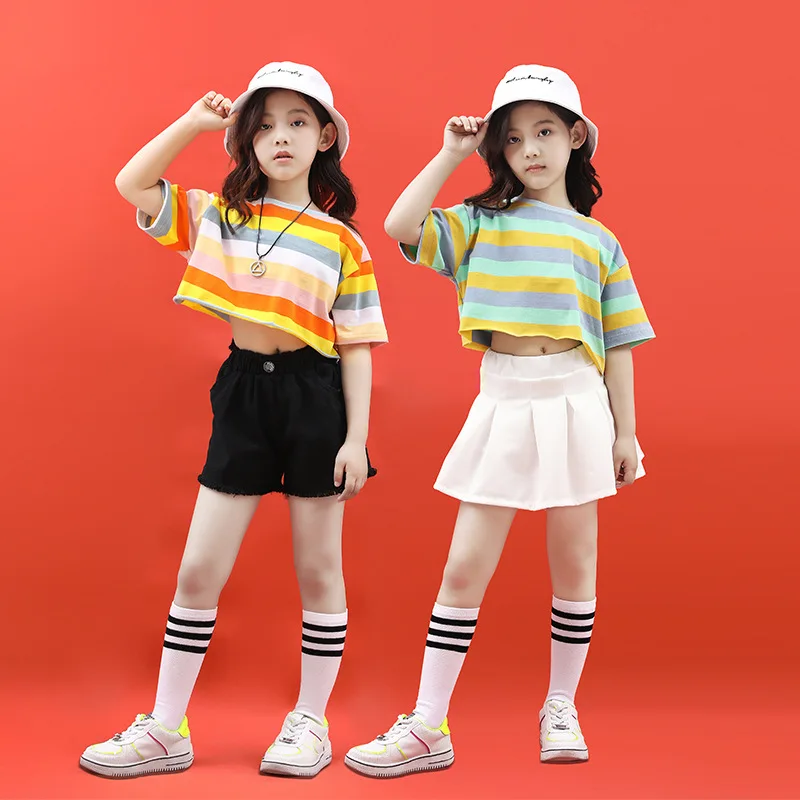 Детская модная одежда в стиле хип хоп футболка полоску топ с коротким рукавом