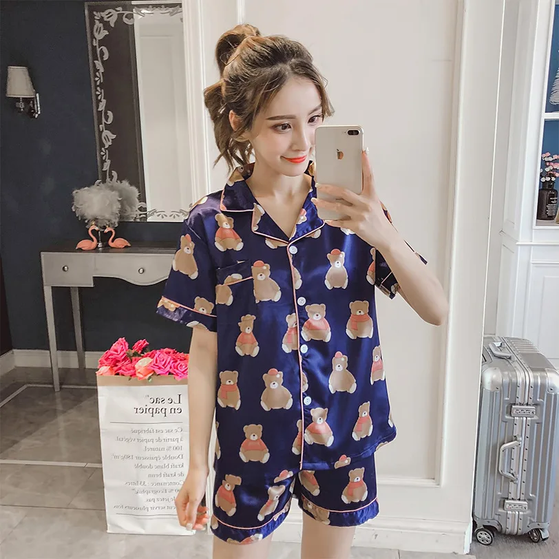 

Pajamas Women's Summer Thin Section Imitated Silk Fabric Short Sleeve Two-Piece Set Cartoon Bear with Scarf Cardigan Fold-down C