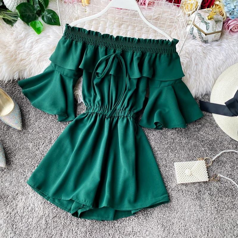 Jumsuit-peleles de gasa de manga corta para mujer, traje Sexy liso con hombros descubiertos, informal, holgado, a la moda, novedad de 2020