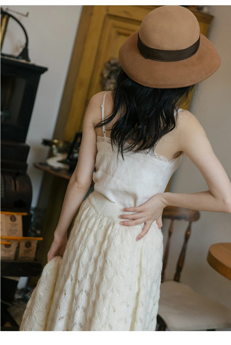 YOSIMI Women Two-piece Outfits Autumn Winter Full Sleeve O-neck Sweater Set Casual Knitting Skirt and Top Set Ivory White
