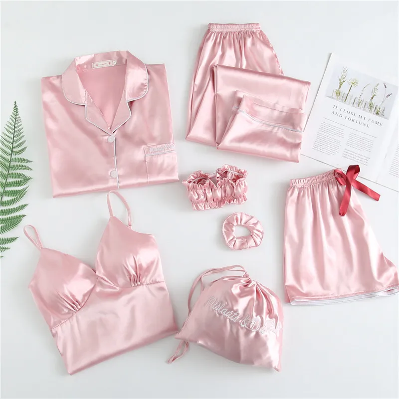 7 шт. комплект лед Шелковая пижама Женская печать мода с длинным рукавом ночная рубашка шорты брюки комплект Пижама - Цвет: pink