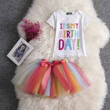 

European and American girls suit dance performance clothing embroidered letter T-shirt + color skirt two-piece suit