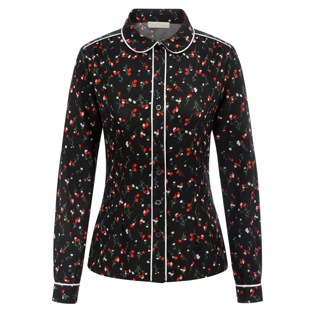 

floral shirt Women retro Peter Pan Collar Shirt Tops Vintage Long Sleeve Button Placket slim fitting going out blouse female