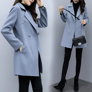 

Elegant Turn-down Collar Harajuku Slim Overcoats Women Autumn Double-Breasted Jacket Casual 3-color Office Lady Slim Overcoats