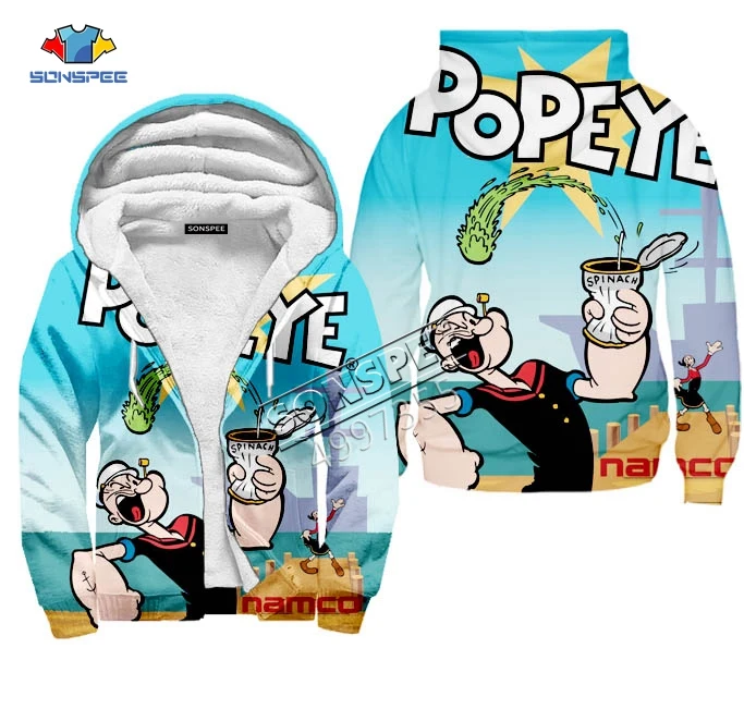 Popeye, Спортивная толстовка с капюшоном, на молнии, кепка, худи для мужчин и женщин, Harajuku, с 3D принтом, мягкая, удобная, сохраняющая тепло, зимняя куртка в стиле хип-хоп