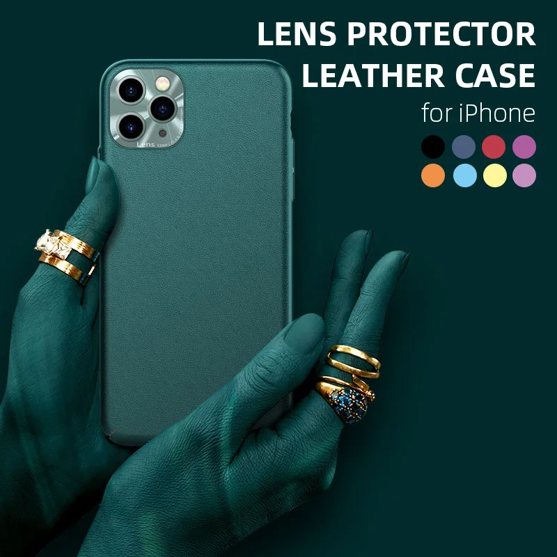

Slim Hard PC Leather Texture Phone Case for iPhone 11 Pro Max Plain Black Purple Blue Case With Camera Lens Protector Thin Cover