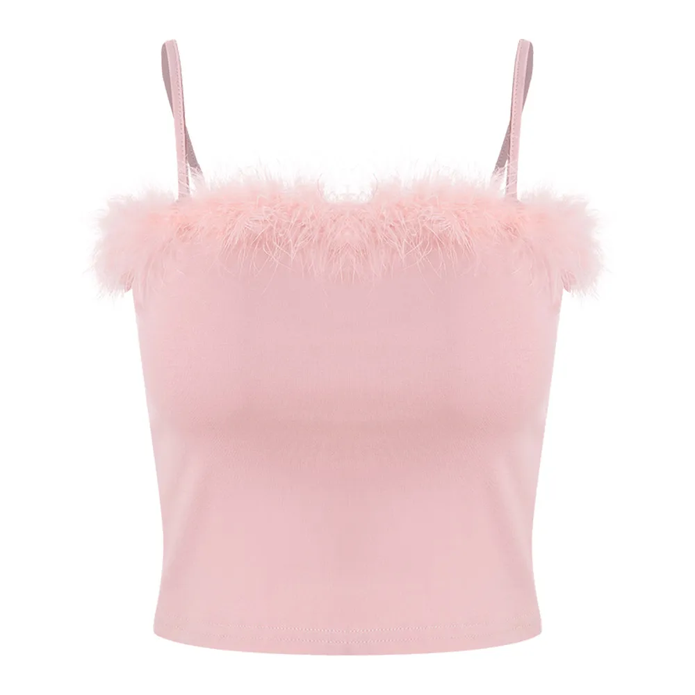 Pink ZAFUL с отделкой перьями топ на бретельках с НАБОРНЫМИ БРЕТЕЛЬКАМИ Для женщин однотонные милые розовые топики Повседневное уличная вечерние летние топы - Color: Pink