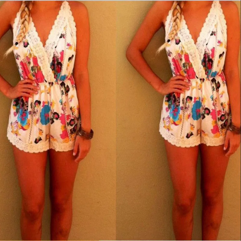 Summer Women Sleeveless Sling Playsuit Floral Print Lace High Waist Backless Casual Slim Multicolor Short Romper