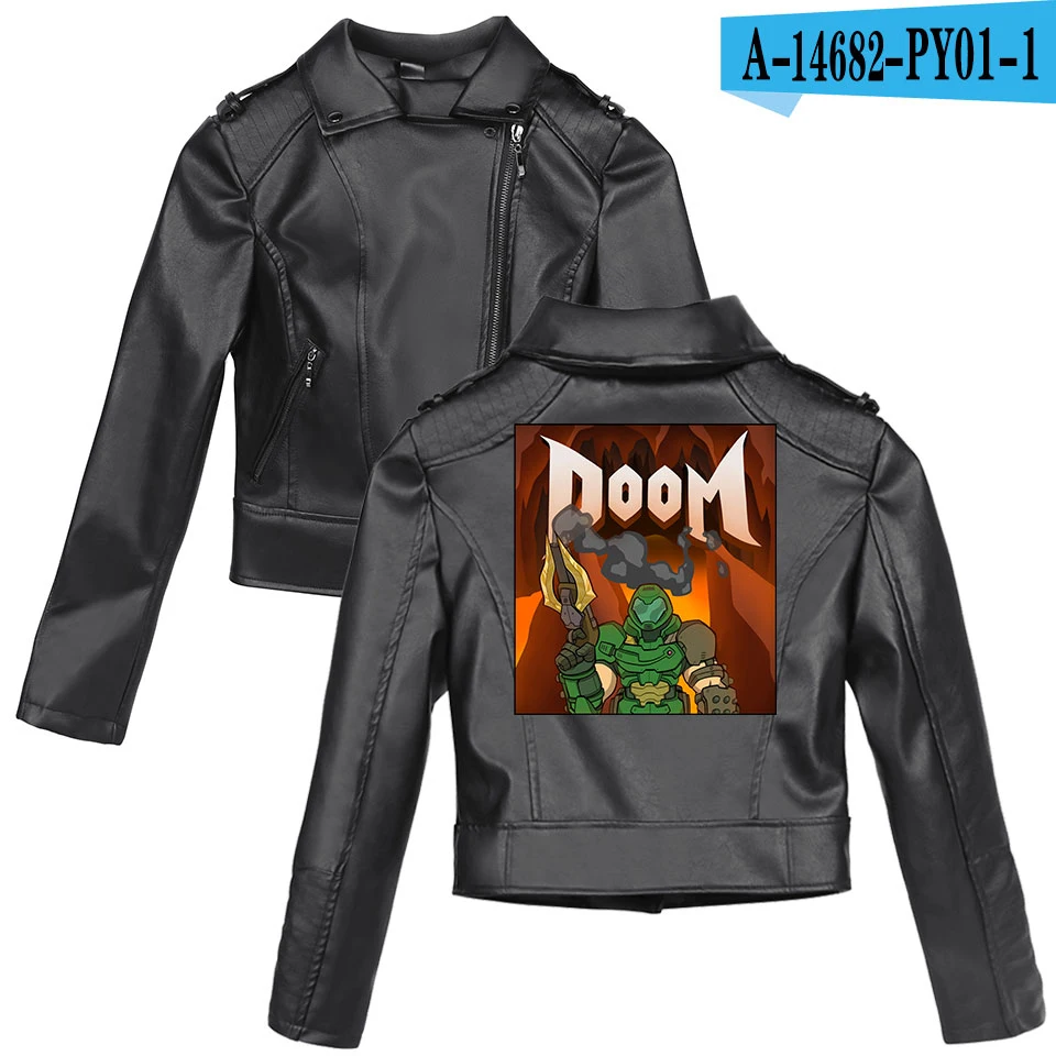 Doom Eternal 2D K pop Harajuku осенне-зимние куртки из искусственной кожи с принтом Базовая Женская тонкая кожаная одежда на молнии - Цвет: black
