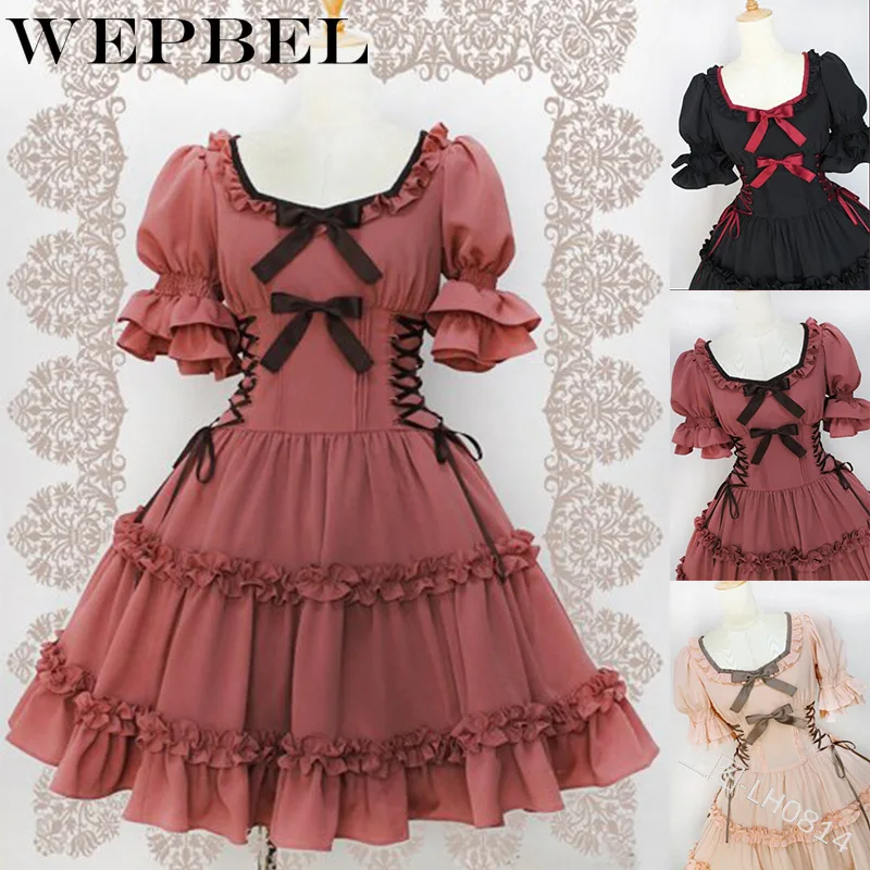 

WEPBEL Women Gothic Dress Bowknot Bandage Princess Retro Vintage Ruffles Floral Cosplay Fashion Casual Girl Lady Mini Dresses