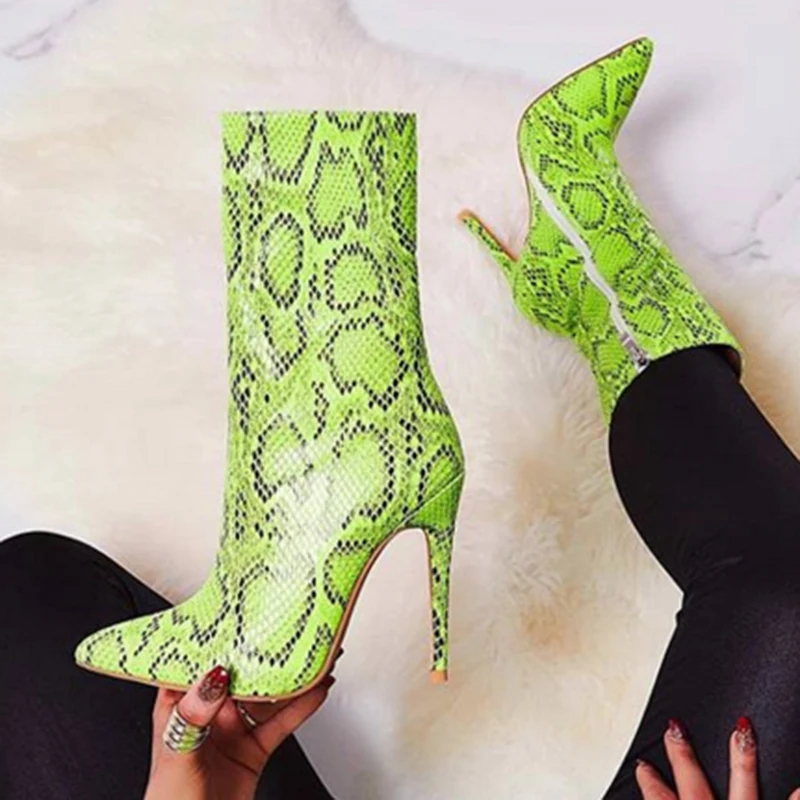 

2019 Women 11.5cm High Heels Boots Fetish Stripper Green Boots Serpentine Zip Stiletto Ankle Boots Prom Autumn Snake Print Shoes