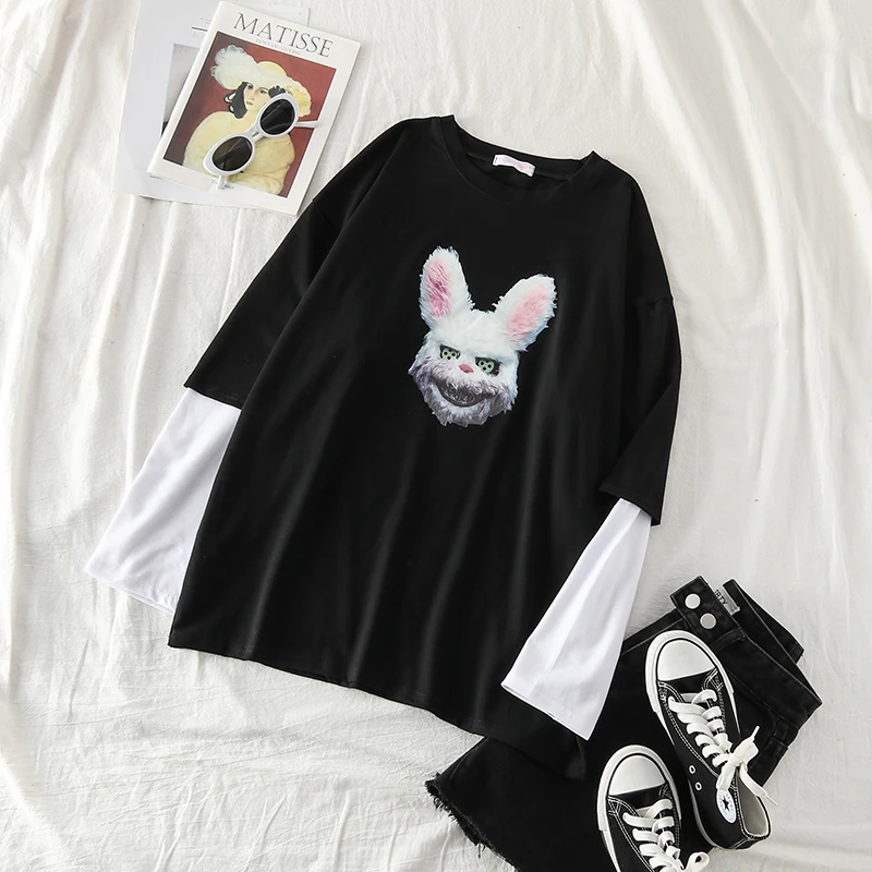 

Mooirue Autumn Funny Rubbit Printed T Shirts Patchwork Long Sleeve Harajuku Streetwear Loose Casual Tops Black Vintage T Shirts