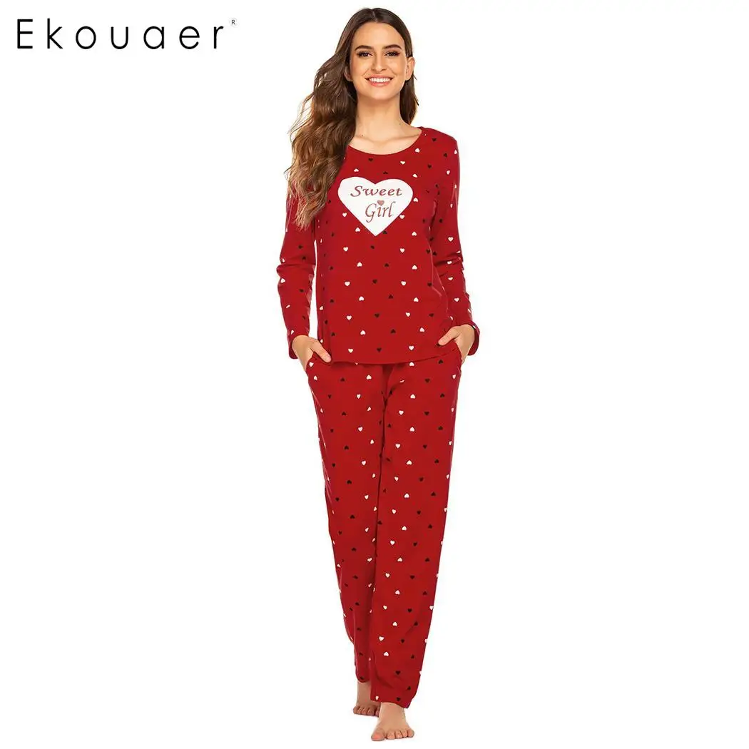 

Ekouaer Women Pajamas Autumn Winter Sleepwear Lounge Clothes O-Neck Long Sleeve Printed Tops Long Pant Pajama Set Home Nighwear
