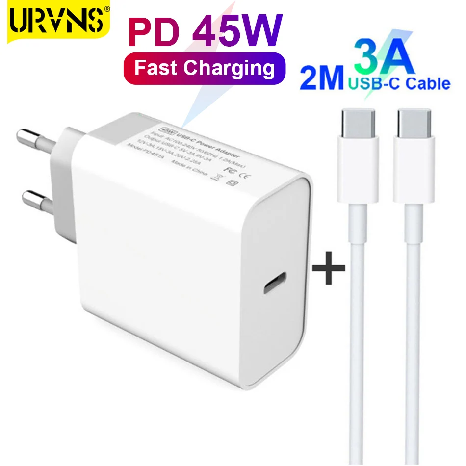 

URVNS 45W USB C Wall Charger with Power Delivery, Laptop Fast Charging Adapter Type C Cable for MacBook, Dell, Surface Go, Pixel