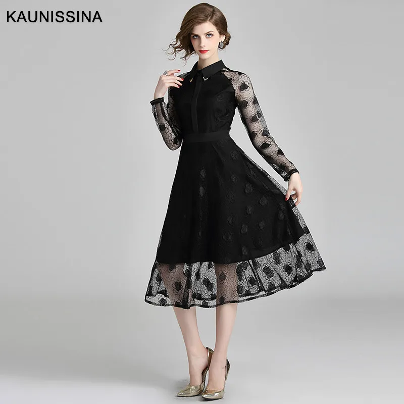 KAUNISSINA, кружевные коктейльные платья, черные, элегантные, для выпускного вечера, халат с длинным рукавом, отложной воротник, высокое качество, вечерние платья для выпускного вечера