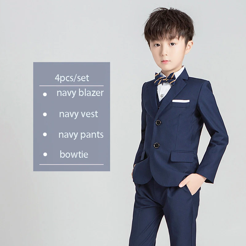 navy 4pcs Торжественные детские костюмы, комплект с цветочным принтом для мальчиков, платье принцессы для свадебной вечеринки, платье для выступлений на фортепиано, костюм детский Блейзер, жилет, брюки, рубашка - Цвет: navy 4pcs