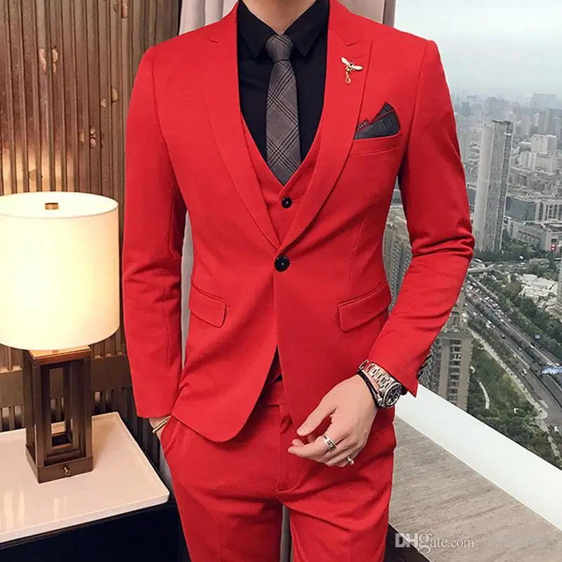 

New Style Custom Made Three Piece Red Evening Party Men Suits Peaked Lapel Trim Fit Wedding Tuxedos (Jacket+Pants+Vest)