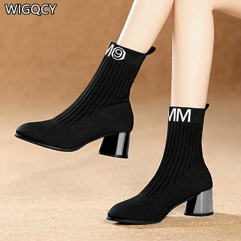 Новинка осени женские вязаные шерстяные эластичные сапоги на высоком каблуке