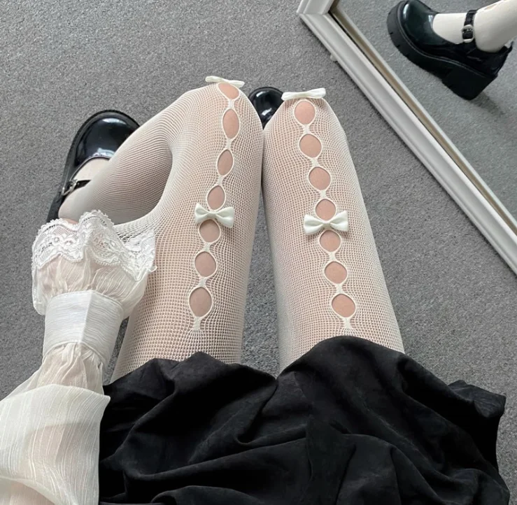 Japanese sweet Lolita pantyhose women's summer bow ventilation JK college black and white socks | Женская одежда
