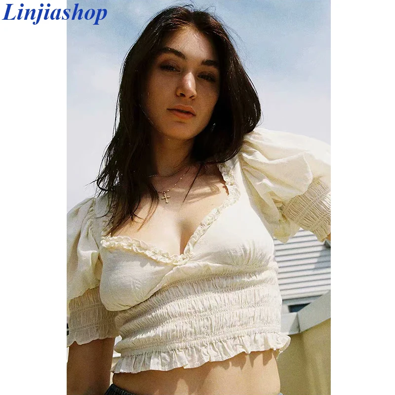 Модный новый бежевый кроп топ с оборками и v образным вырезом короткий хлопковый