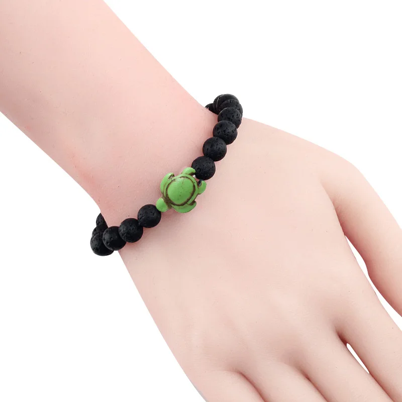 Summer Beach Sea Turtle Beads Bracelet for Men Charm Black Lava Natural Stone Bracelet Handmade Strand Elastic Bangles Jewelry