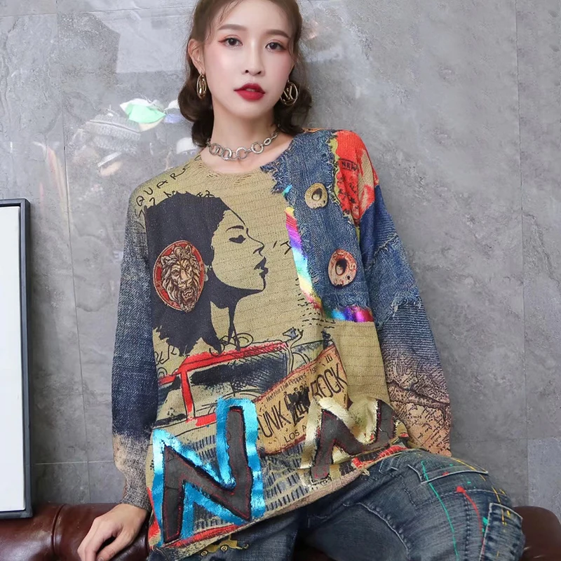 

Vintage European Knitted Sweater 2020 New Autumn O-neck Pullover Women Letter Bronzing Print Street Style Sweater