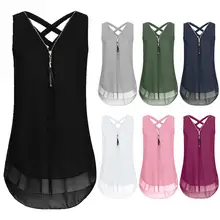 

Plus Size Lady Solid Color V Neck Sleeveless Chiffon Zipper Blouse Vest