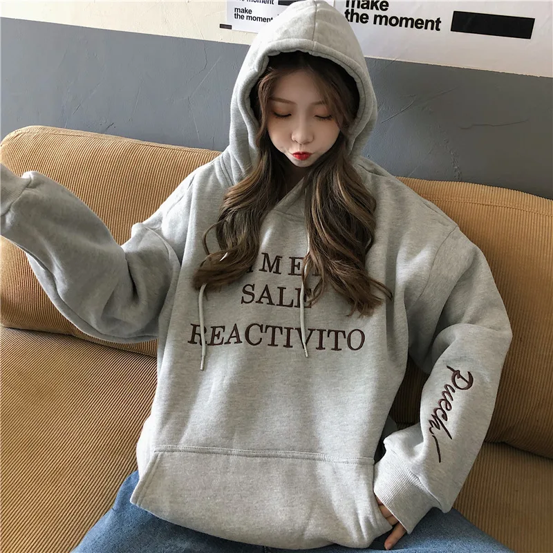 Cashmere Thickened Heavy Industry Embroidery Korean Loose Hooded Sweater Women's Winter Long Sleeve Base Coat Jacket Wear
