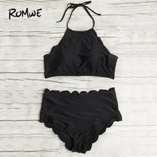 Romwe спортивный женский купальный костюм из двух частей с зубчатой отделкой, бикини с высокой талией, купальный костюм, летний купальный костюм biquinis feminino купальник