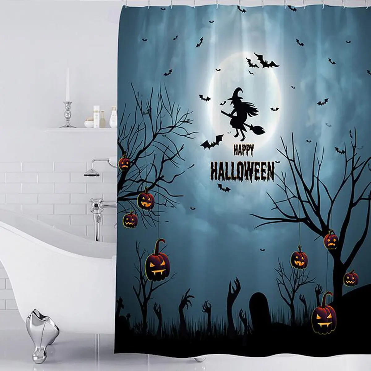 180x180cm Halloween Shower Curtain Horror Pumpkin Witch Waterproof