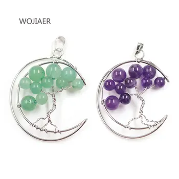 

WOJIAER Fashion Crystal Moon Tree of Life Pendant Natural Purple Crystal Beads Tree of Life for Men Women Accessories ZBM187