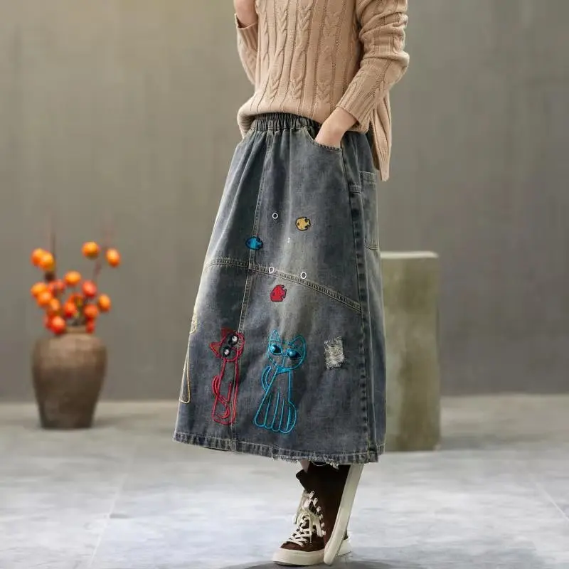QPFJQD, с вышивкой кота, трапециевидная, Ретро стиль, контрастный цвет, лето, весна, новинка, большой размер, тонкая джинсовая юбка