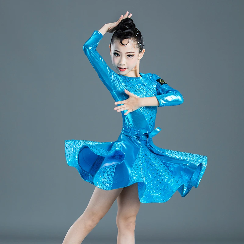 Blue Long sleeve Новое яркое сатиновое бальное платье для латинских танцев Одежда для девочек для тренировок одежда для сцены Детские платья для самбы DL4258 - Цвет: Blue Long sleeve