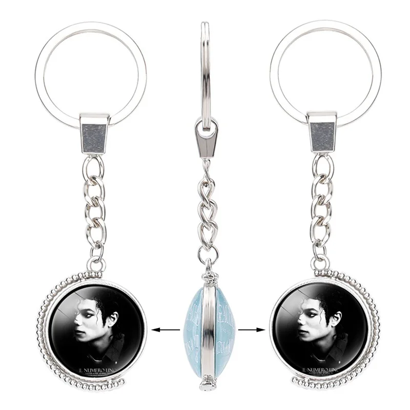 FIMAODZ Double Side Michael Jackson Keychain Dancing King Star Glass Crystal Metal Key Chains for Men Women Keyring