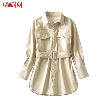 

Tangada Women beige faux leather jacket coat 2020 new turn down collar Ladies Long Sleeve loose oversize Coat 6A47