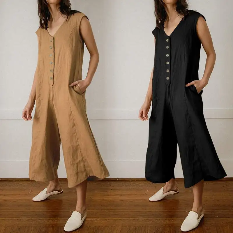 5XL Модные женские Комбинезоны из хлопка и льна, лето, комбинезоны с v-образным вырезом и широкими штанинами, комбинезоны с пуговицами размера плюс, Комбинезоны