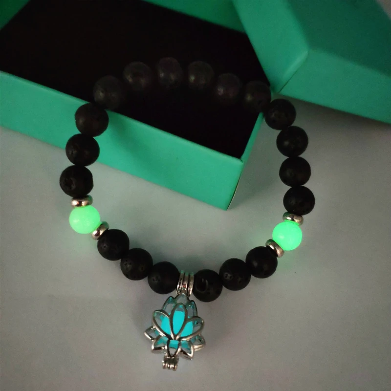 8 мм натуральный камень бусины браслет светится в темноте Лотос кулон браслеты и браслеты унисекс светящиеся украшения Лава аксессуары - Metal Color: style 1 green