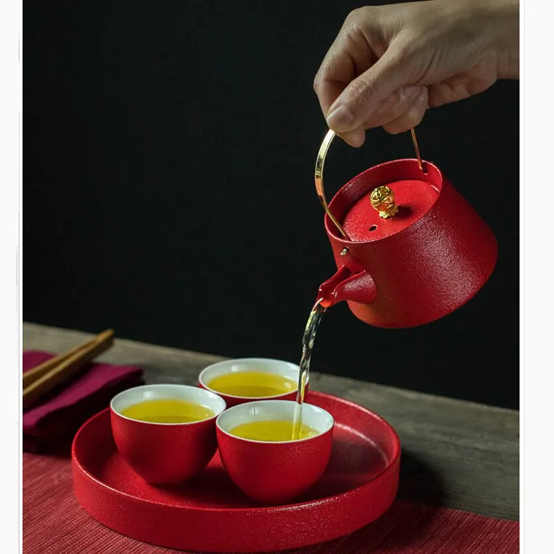 Стильный керамический чайный сервиз красный чайный набор кунг-фу чайник для путешествий удобный чайный сервиз офисная Бытовая Питьевая утварь WSHYUFEI