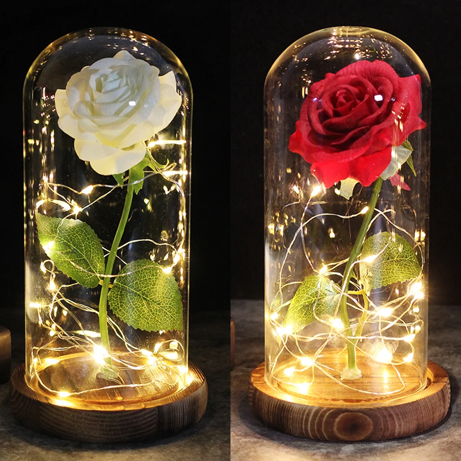 Beauty And Beast Two Rose Flower In Flask Wedding Decoration Artificial Flowers Glass Cover For Valentine's Day Birthday Gift | Дом и сад