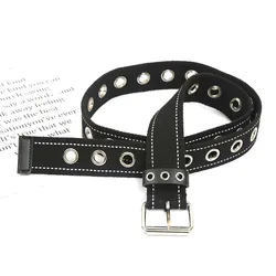 Unisex Wide Long Canvas Belt Punk Style Metal Eyelet Pin buckle Waist strap Teenager Adult jeans Trousers Pant Casual Waistband
